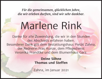 Traueranzeige von Marlene Rink von Super Sonntag Wittenberg