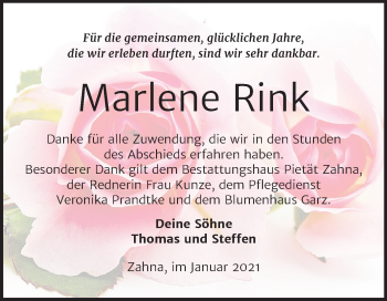 Traueranzeige von Marlene Rink von Mitteldeutsche Zeitung Wittenberg