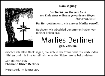 Traueranzeige von Marlies Berliner von Super Sonntag Mansfelder Land