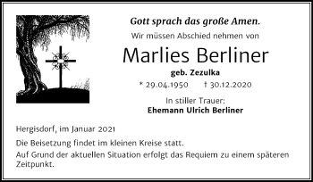 Traueranzeige von Marlies Berliner von Mitteldeutsche Zeitung Mansfelder Land