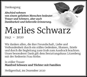 Traueranzeige von Marlies Schwarz von Mitteldeutsche Zeitung Mansfelder Land