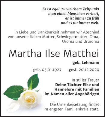 Traueranzeige von Martha Ilse Matthei von Mitteldeutsche Zeitung Bitterfeld