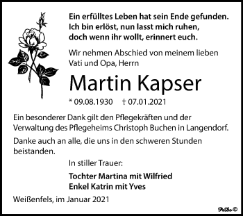 Traueranzeige von Martin Kapser von Super Sonntag Weißenfels