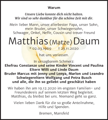 Traueranzeige von Matthias Daum von Mitteldeutsche Zeitung Mansfelder Land