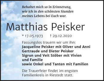 Traueranzeige von Matthias Peisker von Super Sonntag Sangerhausen