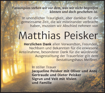 Traueranzeige von Matthias Peisker von Mitteldeutsche Zeitung Sangerhausen