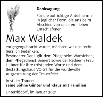 Traueranzeige von Max Waldek von Super Sonntag Mansfelder Land