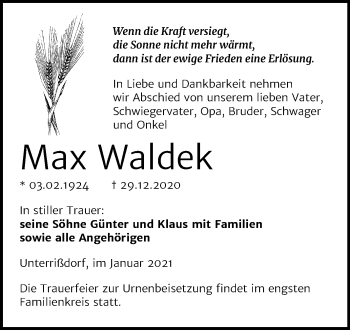 Traueranzeige von Max Waldek von Super Sonntag Mansfelder Land