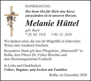 Traueranzeige von Melanie Hüttel von Super Sonntag Sangerhausen