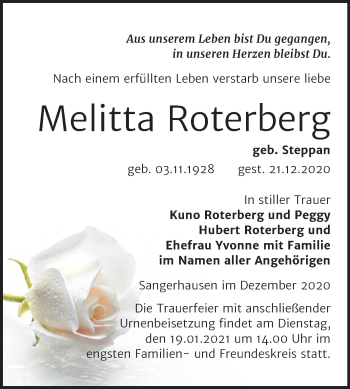 Traueranzeige von Melitta Roterberg von Super Sonntag Sangerhausen