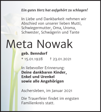 Traueranzeige von Meta Nowa von Mitteldeutsche Zeitung Aschersleben
