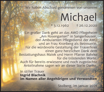 Traueranzeige von Michael  von Mitteldeutsche Zeitung Sangerhausen