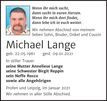 Traueranzeige von Michael Lange von Mitteldeutsche Zeitung Zeitz