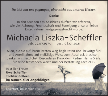 Traueranzeige von Michaela Liszka-Scheffler von Super Sonntag Merseburg/Querfurt