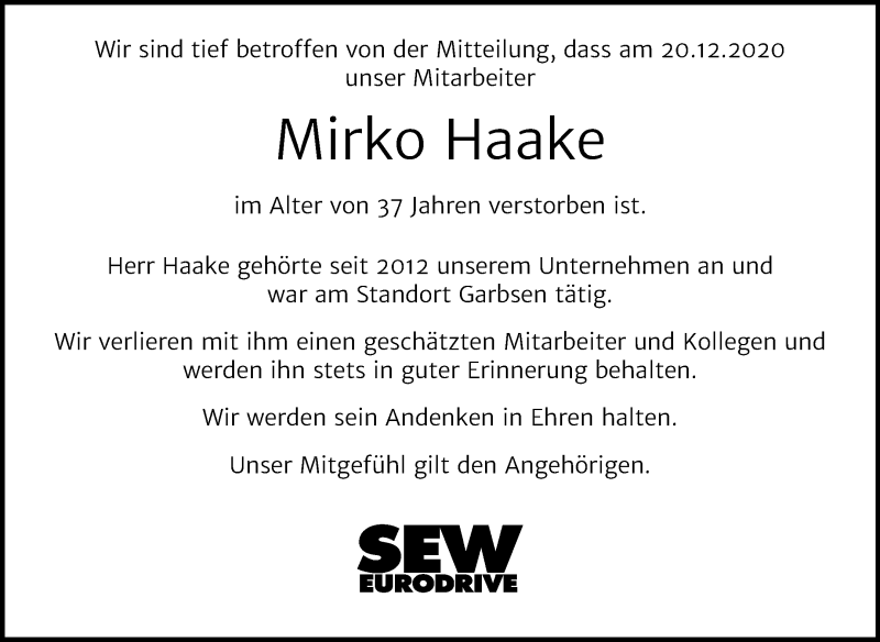  Traueranzeige für Mirko Haake vom 09.01.2021 aus Mitteldeutsche Zeitung 