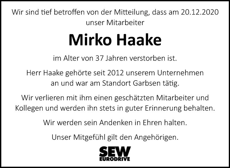  Traueranzeige für Mirko Haake vom 09.01.2021 aus Super Sonntag Bernburg