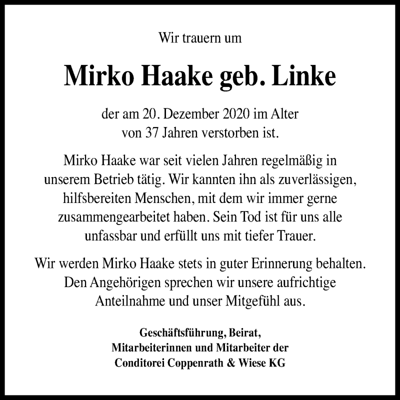  Traueranzeige für Mirko Haake vom 09.01.2021 aus Super Sonntag Bernburg
