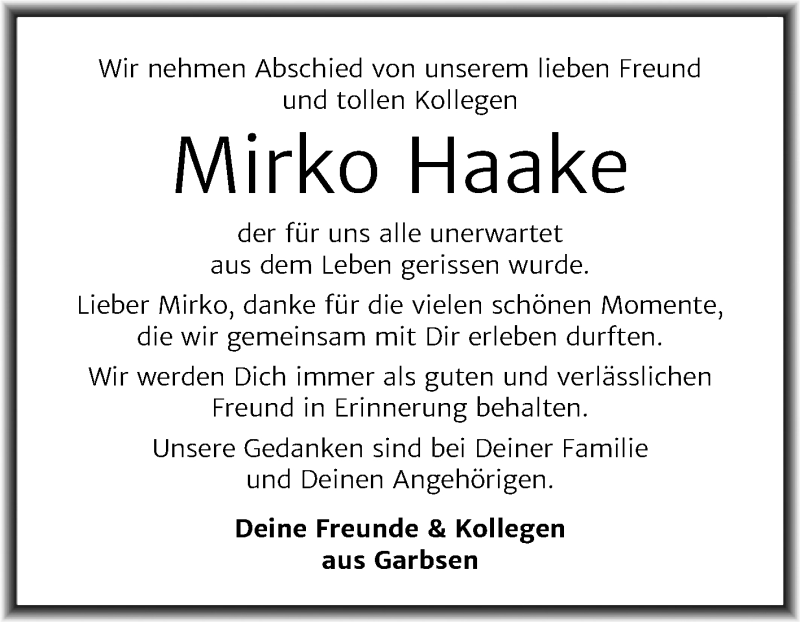  Traueranzeige für Mirko Haake vom 09.01.2021 aus Mitteldeutsche Zeitung Bernburg