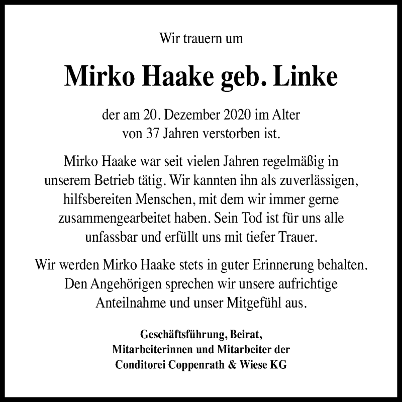  Traueranzeige für Mirko Haake vom 09.01.2021 aus Mitteldeutsche Zeitung 