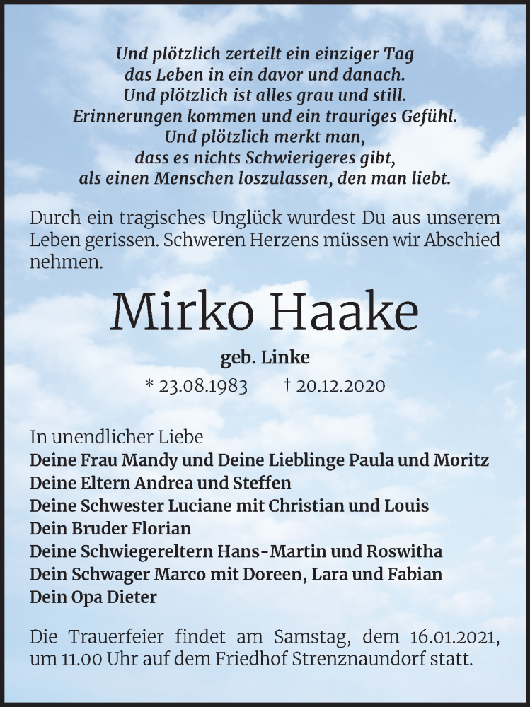  Traueranzeige für Mirko Haake vom 09.01.2021 aus Mitteldeutsche Zeitung Bernburg