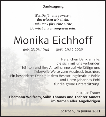 Traueranzeige von Monika Eichhoff von Super Sonntag Merseburg/Querfurt