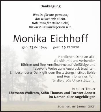 Traueranzeige von Monika Eichhoff von Mitteldeutsche Zeitung Merseburg/Querfurt