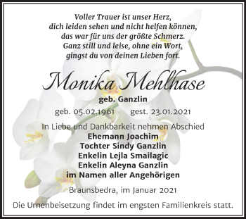 Traueranzeige von Monika Mehlhase von Super Sonntag Merseburg/Querfurt