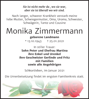 Traueranzeige von Monika Zimmermann von Mitteldeutsche Zeitung Weißenfels