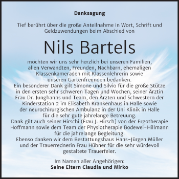 Traueranzeige von Nils Bartels von Super Sonntag Aschersleben