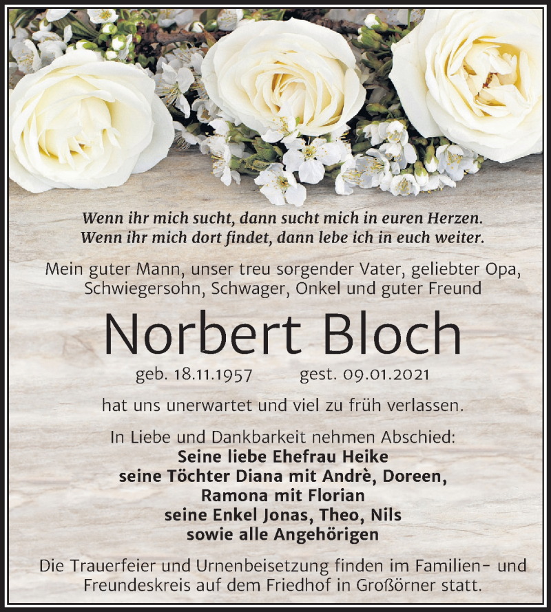  Traueranzeige für Norbert Bloch vom 14.01.2021 aus Mitteldeutsche Zeitung Mansfelder Land