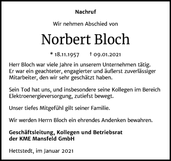 Traueranzeige von Norbert Bloch von Mitteldeutsche Zeitung Mansfelder Land