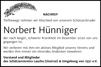 Traueranzeige von Norbert Hünniger von Super Sonntag Naumburg/Nebra