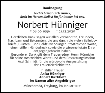 Traueranzeige von Norbert Hünniger von Super Sonntag Naumburg/Nebra