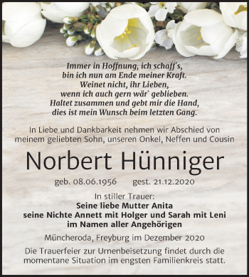 Traueranzeige von Norbert Hünniger von Super Sonntag Naumburg/Nebra