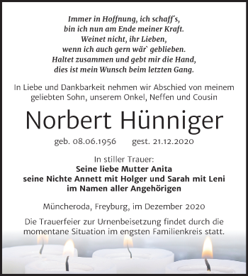 Traueranzeige von Norbert Hünniger von Mitteldeutsche Zeitung Naumburg/Nebra