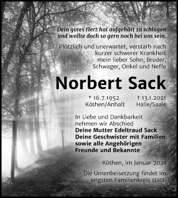 Traueranzeige von Norbert Sack von Mitteldeutsche Zeitung Köthen