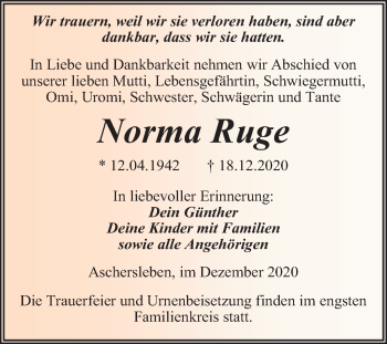 Traueranzeige von Norma Ruge von Super Sonntag Aschersleben