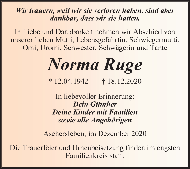  Traueranzeige für Norma Ruge vom 02.01.2021 aus Super Sonntag Aschersleben