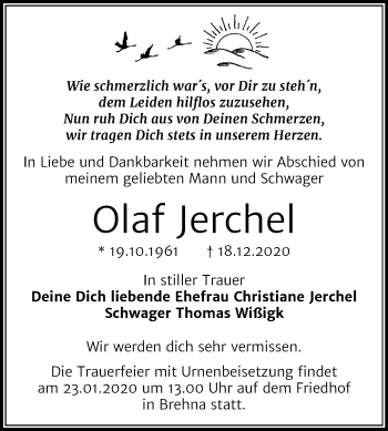 Traueranzeige von Olaf Jerchel von Mitteldeutsche Zeitung Bitterfeld