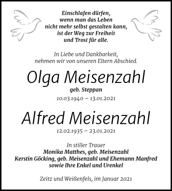 Traueranzeige von Olga udn Alfred Meisenzahl von Mitteldeutsche Zeitung Zeitz