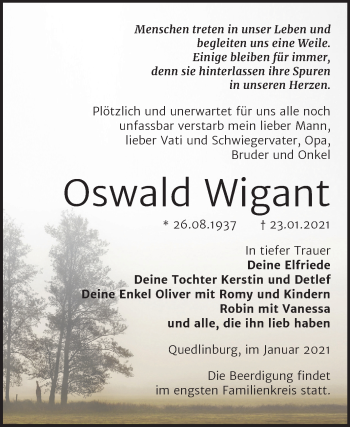 Traueranzeige von Oswald Wigant von Mitteldeutsche Zeitung Quedlinburg
