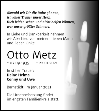 Traueranzeige von Otto Metz von Super Sonntag Merseburg/Querfurt