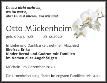 Traueranzeige von Otto Mückenheim von Super Sonntag Merseburg/Querfurt