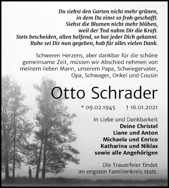 Traueranzeige von Otto Schrader von Mitteldeutsche Zeitung Sangerhausen