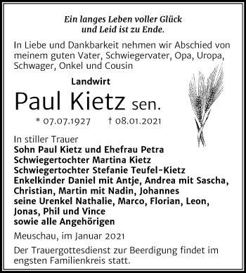 Traueranzeige von Paul Kietz von Mitteldeutsche Zeitung Merseburg/Querfurt