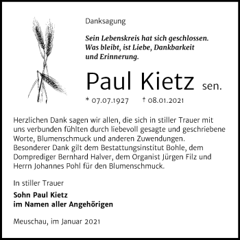 Traueranzeige von Paul Kietz von Mitteldeutsche Zeitung Merseburg/Querfurt