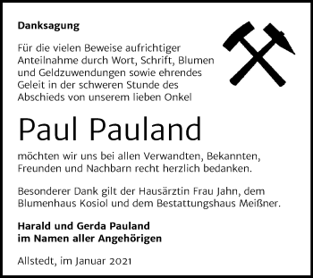 Traueranzeige von Paul Pauland von Super Sonntag Sangerhausen