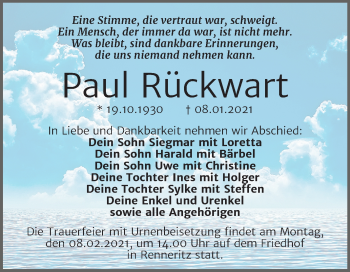 Traueranzeige von Paul Rückwart von Mitteldeutsche Zeitung Bitterfeld