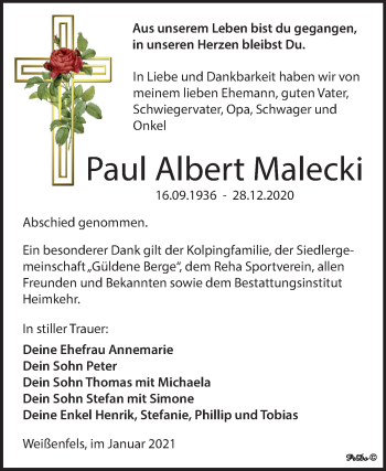 Traueranzeige von Paul Albert Malecki von Mitteldeutsche Zeitung Weißenfels
