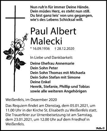 Traueranzeige von Paul Albert Malecki von Mitteldeutsche Zeitung Weißenfels